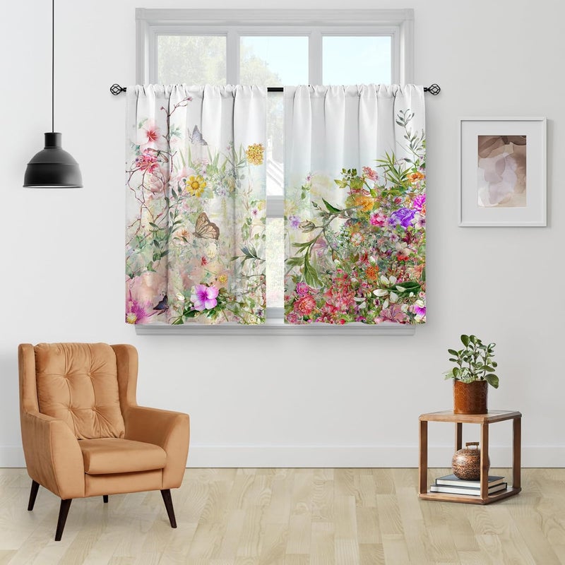 Aimego Floral Leaves Vintage Kitchen Curtains - Flower Colourful Cafe Rustic Small Short Tier Window Curtains for Bathroom Living Dining Room Decor Rod Pocket Window Drapes 36 Inch Length Set 28"x36" - Image 2